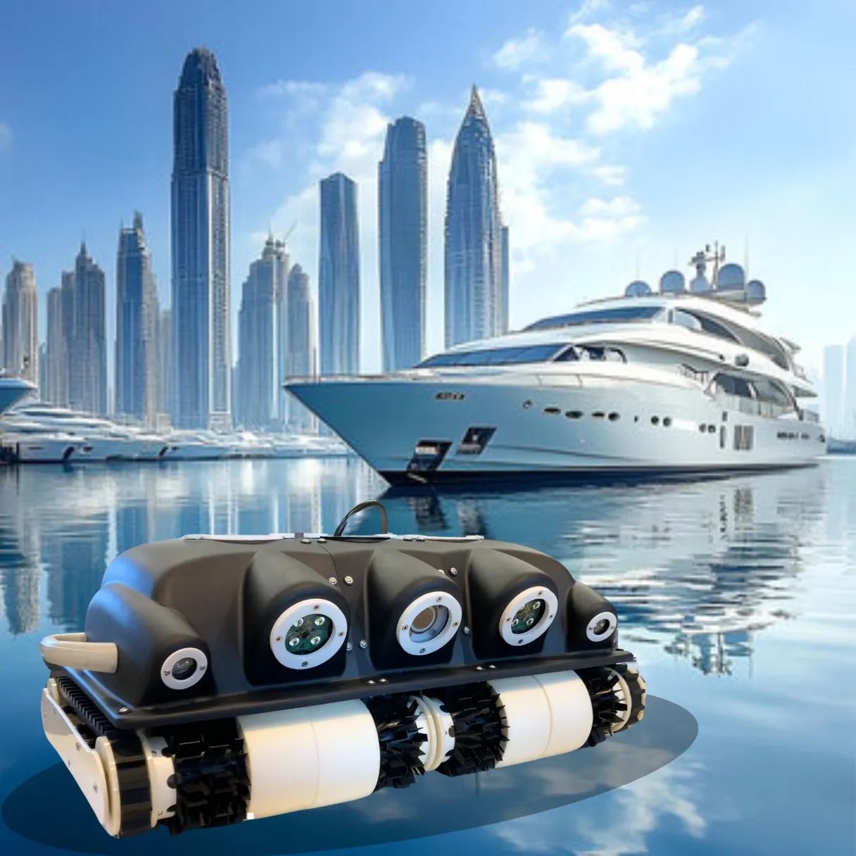 HullDrone Miami hull-cleaning robot in front of a superyacht